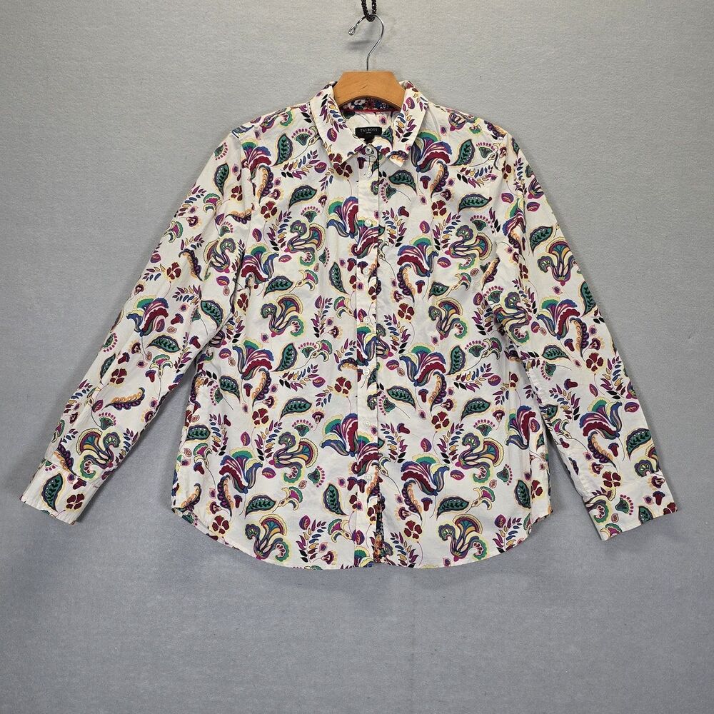 Talbots Shirt Womens White Colorful Floral Button Up Long Sleeves Top Size Mp
